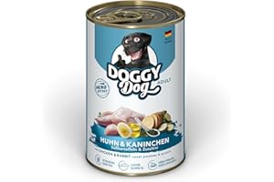 Doggy Dog Paté Lot de 6 boîtes de 400 g de Nourriture Humide pour Chien au Poulet et au Lapin sans céréales avec Huile de Saumon et Moule aux orles Vertes, Aliment Complet avec patate Douce et