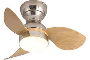 YCWDCZ Ø56cm Mini Ventilador de Techo con Luz y Mando a Distancia, Lampara Ventilador Techo Pequeño, Reversible Modo Verano Invierno Motor DC Silencioso 6 Velocidades, Plata + Madera