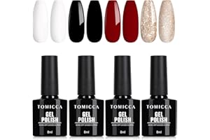 TOMICCA Smalto Semipermanente Unghie Rosso Bianco Nero Set, 4 Colori Oro Argento Glitter Gel Smalto Unghie UV/LED, Set Regalo di Natale per Nail Studio Design e Fai da Te a Casa, 8ml