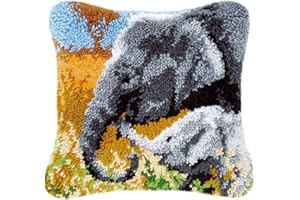 ROCKY&CHAO Latch Hook Kit for Adults Kids, Elephants 17X17Inch, Latch Hook Elephants Pillow Case Kits, DIY Latch Hook Cushion Kits, Cross Stitch Embroidery Kits Cushion Making Kits Home Decor 43x43cm
