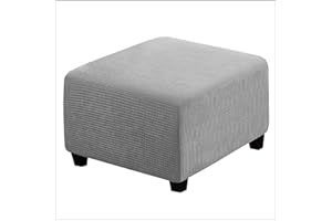 qiden Square Footstool Cover Stretch Ottoman Cover Plush, 10% Thicker Large Stretch Pouffe Cover Anti-Slip Foot Stool Jacquard Slipcovers With Elastic Bottom, Machine Washable-Light gray-Large