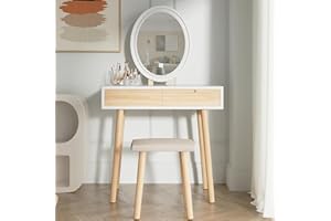 YOURLITE Dressing Table with LED Lights Mirror White Vanity Makeup Table Set with 2 Drawers, Adjustable Brightness Mirror, Cushioned Stool and Free Make-up Organizer(Oval Mirror Wood)