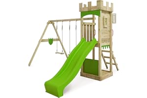 FATMOOSE Parque Infantil TreasureTower Top XXL con Columpio y tobogán Verde Manzana, Torre de Escalada Infantil de Exterior con arenero Escalera y Accesorios de Juego para el jardín