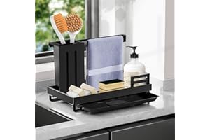 VIBINHO Organizador Cocina, Organizador Fregadero Cocina con Bandeja de Drenaje, Soporte Estropajo de Acero Inoxidable con Revestimiento Antioxidante, Súper Accesorios para Baño (Negro)