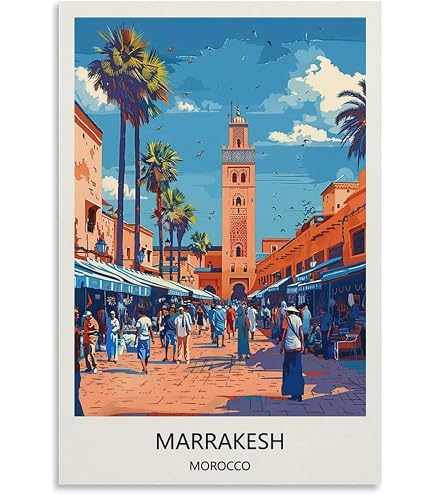 ZHILIJING Poster de voyage vintage Marrakech Maroc - 30 x 45 cm - Impression sur toile - Décoration murale moderne pour chambre à coucher ZHILIJING Poster de voyage vintage Marrakech Maroc - 30 x 45 cm - Impression sur toile - Décoration murale moderne pour chambre à coucher