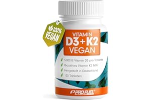 ‎PROFUEL Vitamin D3 K2 VEGAN - 120 Tabletten mit 5000 IE D3 + 200 mcg K2 (MK7) - Vitamin D3 optimal hochdosiert und vegan - reicht für 19 Monate - laborgeprüft mit Zertifikat