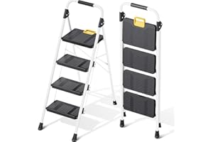 KINGRACK Scaletta 4 Gradini, Scala Pieghevole Portata 360 kg, con Blocco di Sicurezza, Ampio Pedale Antiscivolo, Corrimano, Scala Domestica Leggera in Acciaio, per Casa Cucina Armadi Ufficio, Bianco