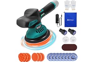 XINNG Cordless Car Polisher Kit with 2PCS 12V 2.0Ah Battery,2800-5500 RPM,6-Speed DA Polisher Kit,125mm Base for Auto Detailing,Furniture,Sanding (Includes Sponge Pads,Polished Caps,Wool Caps,Sandpapers)