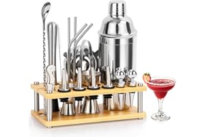 MUUKAIII Cocktail Shaker Set mit Ständer, 750ML 20 Teiliges Edelstahl Cocktail Zubehör, Profi Barkeeper Set mit 4 rutschfeste Silikonpflaster Geschenk für Männer Frauen Freunde