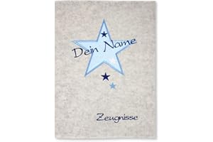 ‎GOLDI-DESIGN Goldi-Design Zeugnismappe Stern weiß/blau personalisiert mit Namen 100% Wollfilzumschlag und Sichtbuch DIN A4 mit 20 Hüllen