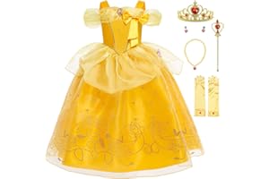 KANDEMY Mädchen Prinzessin Aurora Kostüm Dornröschen Kleid Belle Kostüm Prinzessinnen Kleider Kinder Geburtstag Fasching Karneval Kostüme Cosplay Verkleidung Party Gelb 130