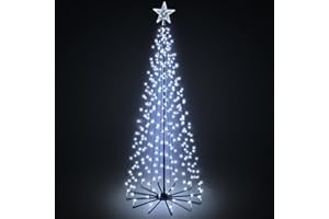 VeryMerry 7Ft Christmas Cone Tree Cool White for Indoor/Outdoor Use, 539 LED Light Pre Lit With Auto-Off Timer, 8 Lighting Modes