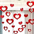 FFDASHUN Valentine's Day Decoration 100 Pcs Red Heart Laser Sequined Rain Romantic Heart Hanging Streamer Banners for Party Decorations Engagement Wedding Anniversary