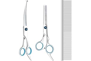 MAXSHOP Dog Grooming Scissors with Safety Round Tips, Heavy Duty Titanium Pet Grooming Trimmer Kit, Professional Thinning Shears, Straight Scissors with Comb for Dogs and Cats (Set of 3)