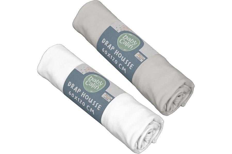 BabyCalin - Lot de 2 Draps housse Blanc/Gris Babycalin - 60 x 120 cm certifié OEKO-TEX