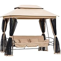 Outsunny Dondolo 3 Posti e Lettino Singolo Copertura a Gazebo con Zanzariera e Cuscini 256x172x248cm Beige