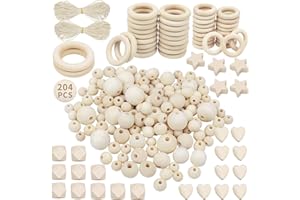 Packra Juego de 204 Cuentas de Madera Macramé, Kit con 160 Cuentas Naturales y 42 Anillos de Madera Accesorios Macramé