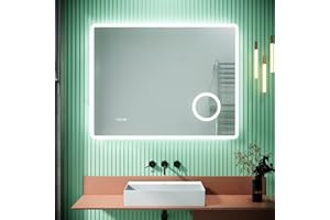 SIRHONA Miroir LED Salle de Bain 90x70cm, Miroir Lumineux Salle de Bain avec Anti-buée, 3X Loupe, Affichage de L'heure, Prise pour Rasoir