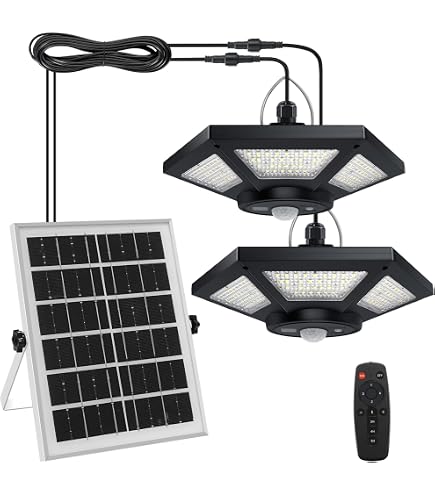NIORSUN Solar Pendant Lights 2-Pack – Indoor/Outdoor Hanging Lights With Remote, 3 Color Temps (3000K/4000K/5000K), Dimmable, IP65 Waterproof, 16.4ft Cable Each, Great For Patio, Garage, Gazebo