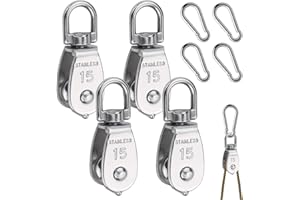 FERRADREND Lot de 8 Poulie en Acier Inoxydable,4 Pièces M15 Poulie de Levage avec 4 Pièces Mousqueton M4,Rotation 360° Poulie de Renvoi en Acier Inoxydable,Bloc à Poulie Unique pour Corde de 6mm,Maximale 35KG