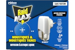 SC JOHNSON Raid Max Diffuseur Électrique Liquide - Anti-Moustiques et Moustiques Tigres 30 Nuits - Protection Continue & Nuits Sereines - Sans Parfum - 1 Diffuseur + 1 Recharge
