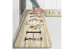KIMODE Anti Fatigue Kitchen Mats for Floor 2 Piece,Farmhouse Floral Rugs Cushioned,Comfort Memory Foam Carpet Non Slip for Sink Laundry Office Bathroom,Beige 17"x47"+17"x29"