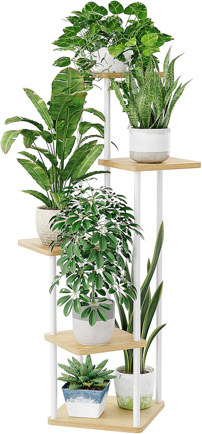 Bamworld Soporte para Plantas Esquinero Estantería para Plantas Alta de Metal para Múltiples Plantas, Soporte Plantas Interior de 5 Niveles para Patio, Jardín, Balcón, Sala de Estar (Blanco)
