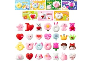 Haooryx 28Pcs Squeeze Toy with Gift Card Kawaii Heart Mochi Squishy Toys Rose Bear Stress Relief Squishies Toy for Kid School Classroom Exchange Gift Bag Filler Mothers Day Valentines Party Supplies