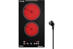 Domino Glaskeramikkochfeld, FIREGAS Einbauherde Glaskeramik Elektrisches Kochfeld, 3000W, 9 Leistungsstufen, Sensor-Touch-Steuerung, Kindersicherung,1-99 Mi Timer, Ceranfeld mit 2 Platten