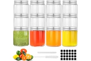 FoiiLiio 90ml Bottigliette di Vetro Piccole, 12 Pezzi Riutilizzabili Barattoli Vetro con Coperchio con Etichette e Penna per Alimenti, Succo e Spezie