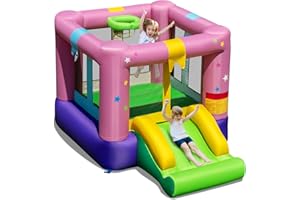 COSTWAY Kids Bouncy Castle, Inflatable Bounce House with Slide, Basketball Hoop, Carrying Bag and Repair Kit, Children Blow Up Jumper for Indoor Outdoor (Stars without Blower)