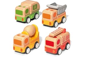 Wanborns 4 PCS Holzauto-Spielzeug-Set, Feuerwehrauto, Grabungs-LKW, Kipplaster und Zementmischer-LKW