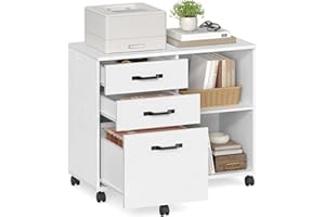 ‎VASAGLE VASAGLE Rollcontainer, Aktenschrank, mit 3 Schubladen und Rollen, offene Fächer, für Dokumente in DIN A4-, Letter-Format, Druckerständer, Industrie-Design, weiß mit Holzmaserung OFC041W46