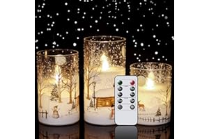 Eldnacele Glass Flickering Flameless Snowman Candles with Remote Timer Battery Operated Real Wax Led Pillar Candles 3 Pack for Home Chriatmas Decoration
