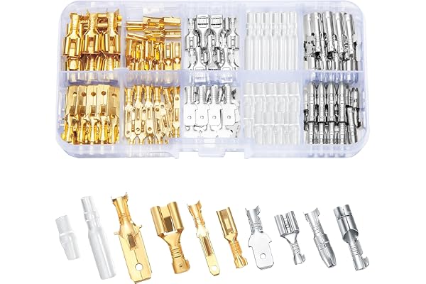 Vwoqiy Runda kontaktanslutningar i set om 150 stycken, 6,3, 4,8 och 2,8 mm, kabelskor av mässing, kontakter med isoleringshölje, hanar och honor, runda hylsor, för bil och motorcykel, crimpkontakter