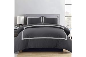 My Home Store Charcoal Duvet Cover Double Set - 100% Polycotton 3 Pieces Bratta Stitch Duvet Cover Sets with Pillowcase - Hotel Quality Breathable Quilt Cover Bedding Set