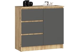 AKORD Cómoda Jerry | Cajonero con 1 Puerta 3 Cajones 2 Estantes | Credenza Alta 80 cm | 80x35x77 cm | Roble Artisan & Gris Grafito Frente