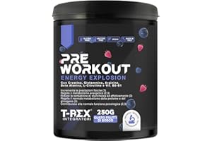 T-Rex Integratori Pre Workout, Energy Drink Potente con Creatina Monoidrata, Bcaa, Arginina, Beta Alanina e Vitamine - Senza Caffeina, 250 g (250 g (Confezione da 1), Frutti di Bosco)