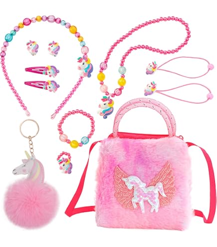 BGIUSQF Sac à Main Licorne Avec Bijoux Pour Filles 1-6 Ans - Ensemble Cadeau Bagues, Colliers, Bracelets