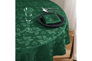 Romanstile Green Christmas Table Cloth Round 150 cm (59 inch),Water-Repellent & Wipe Clean,Elegant Floral Jacquard Xmas Tablecloth Table Cover for Holiday Dining,Christmas Dinner,New Year Celebration