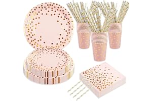 BOKFJBP 80Stück Geburtstag Party Geschirr Set, Roségoldener Punkt Geschirrspüler Geburtstagsfeier Teller Servietten Papierbescharen Stroh für Mädchen Frauen Glückliches Geburtstagsdekor serviert 16