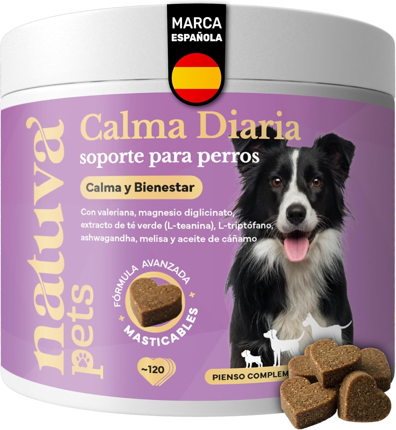 natuva pets Calmante para Perros - 120 Masticables con L-Triptófano, Ashwagandha, Magnesio, Melisa y Valeriana - Golosinas Relajantes para Perros - Ansiedad, Separación, Estrés, Petardos