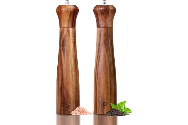 Salt- och pepparkvarn av akaciaträ, 25,5 cm, påfyllningsbar, med keramisk kvarn, justerbar finhet, 2 stycken
