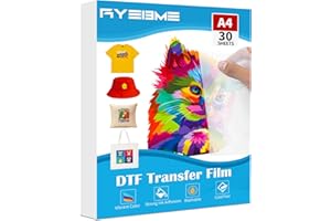Ryebme DTF Papel Transfer 30 Hojas de Papel A4 (21 x 29,7 cm), Transparente Mate de Unilateral DTF Papel Transfer para Camisetas Textil, fácil de Usar