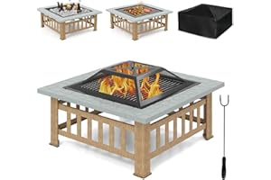 GYMAX Brasero Extérieur Multifonctionnel, avec Grill de Barbecue, Pare-Feu, Tisonnier, Couvercle, Housse de Protection, Cadre en Métal Revêtu de Poudre, Foyer pour Jardin, Terrasse (Gris)