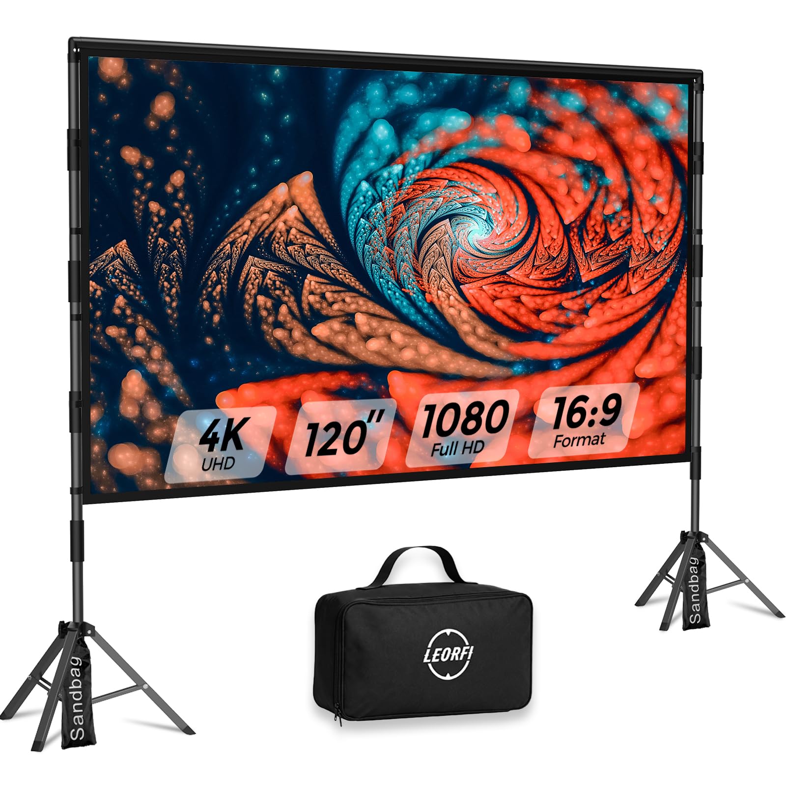 LEORFI Pantalla de Proyector 120 Pulgadas con Trípode Portátil Exterior | Trípode de tubo cuadrado antideslizante,bolsa Oxford,montaje rápido,cine interior/exterior,proyección frontal y trasera