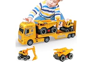 Mostop Large Flatbed Semi Truck Toy for Kids, 25.6'' Construction Carrier Semi Truck with Excavator and Dump Trucks, Friction Powered Flatbed Semi Kids Toy with Light & Sound