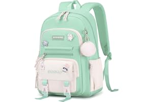 Tanou School Backpacks for Girls, 20 Liters Kawaii Girls School Bag with Pendant, Lightweight Nylon Childrens Backpack for Primary Junior School, Green
