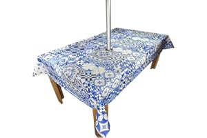 Karina Home Wipe Clean Garden Tablecloth with Parasol Umbrella Hole Moroccan Tiles Blue 200cm x 140cm