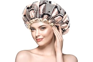 mikimini Reusable Shower Cap for Women with Long Hair, Secure-Fit Elastic Band, Champagne Print Large Double-Layer Waterproof and Washable Hair Cover for Thick Hair